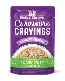 STELLA & CHEWY’S CARNIVORE CRAVINGS POUCH - CHICKEN & DUCK RECIPE IN TASTY BROTH (SAVORY SHREDS) 2.8OZ