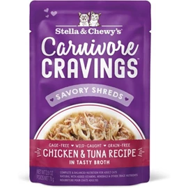 STELLA & CHEWY’S CARNIVORE CRAVINGS POUCH - ADULT CHICKEN + TUNA RECIPE IN TASTY BROTH (SAVORY SHREDS) 2.8OZ