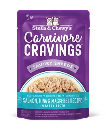 STELLA & CHEWY’S CARNIVORE CRAVINGS POUCH - SALMON, TUNA & MACKEREL RECIPE IN TASTY BROTH (SAVORY SHREDS) 2.8OZ